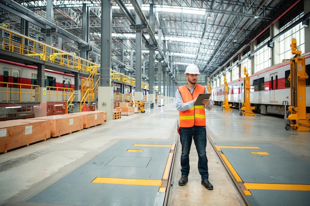 Portrait of Young male technician standing in skytrain repair station