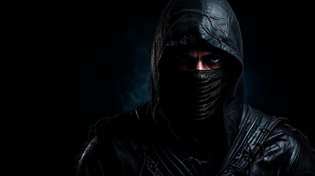 portrait of young man in black hood in the dark