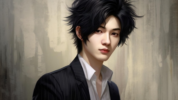 Portrait of a young man in a black suit with black hair