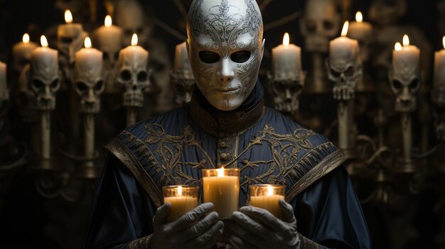 Photo portrait of young man in black suit with skull and candles