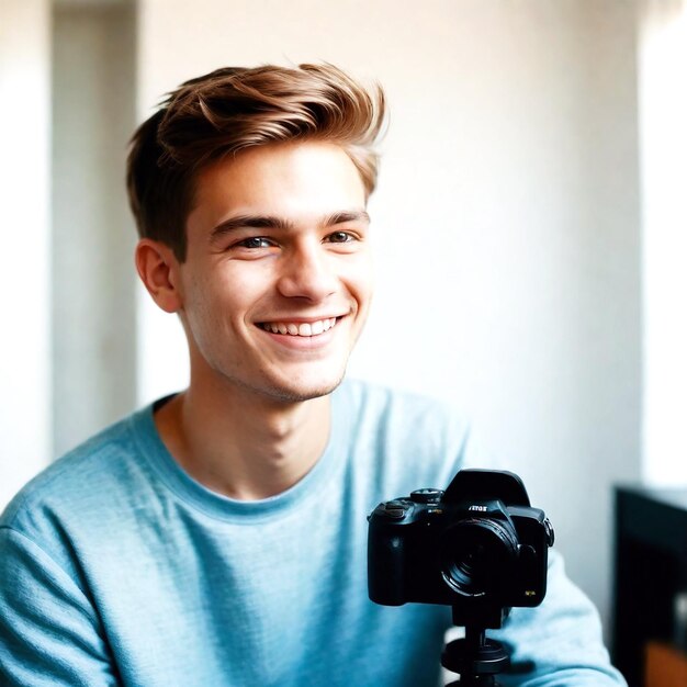 Photo portrait of a young man blogger recording video at home