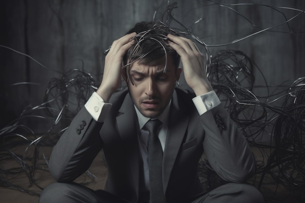 Portrait of a young man in a business suit sitting on a wooden floor and holding his head with his hands Generative AI