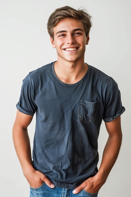 Photo portrait of a young man in casual attire hand in pocket on white background