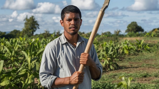 Portrait of young man in the casual shirt holding his hoe in the farm farm tool latin man