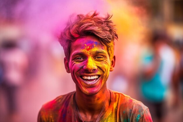 Portrait of young man in colorful powder on indian street Holi festival