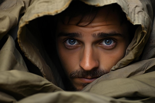 Portrait of a young man covered with a blanket Closeup