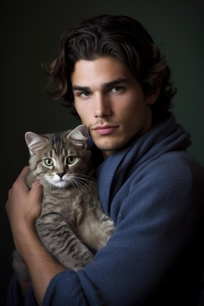 Portrait of a young man cradling his foster kitten