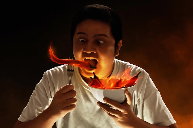 Photo 칠리 페퍼 를 먹는 젊은 남자 의 초상화
