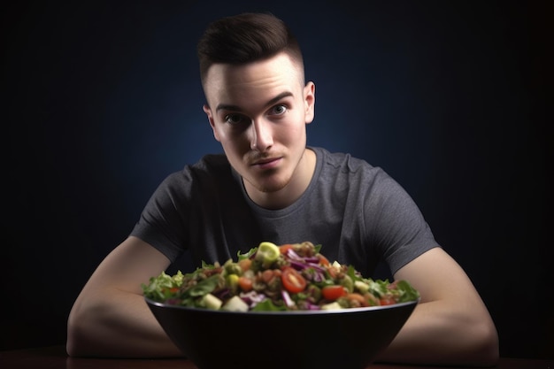 Portrait of a young man eating salad created with generative ai