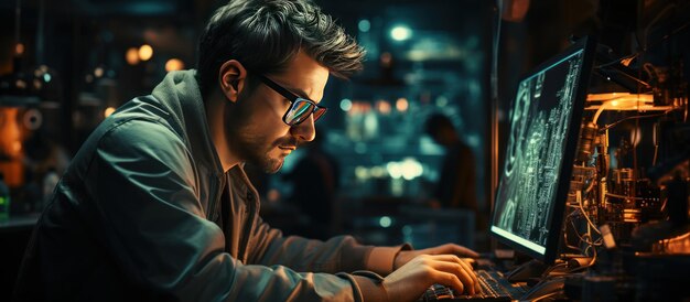 Portrait of young man in eyeglasses using computer in workshop