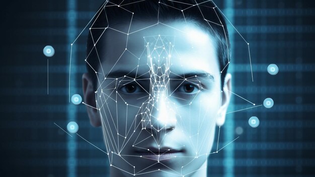 Portrait of young man in front with a scanning grid on her face on a dark background