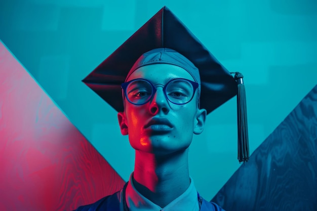 卒業式の帽子とメガネをかぶった若者の肖像画