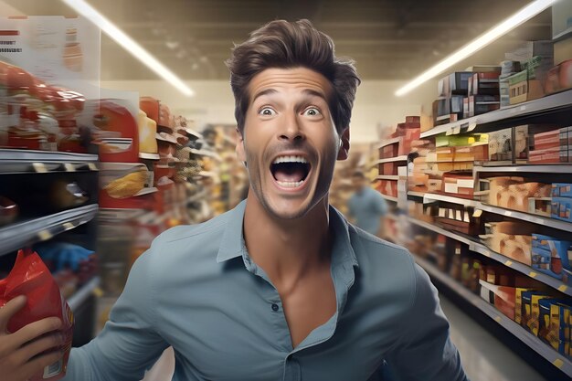 Foto ritratto di un giovane con un'espressione felice in un supermercato generato da ai