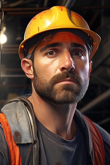 Portrait of a young man in a hard hat in a factory