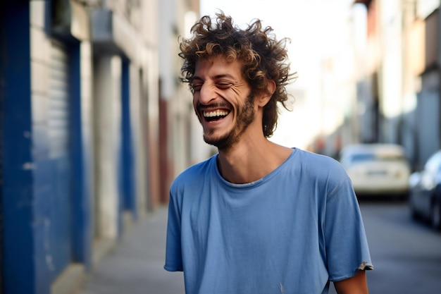 Portrait of a young man laughing in the street wearing blue tshirt