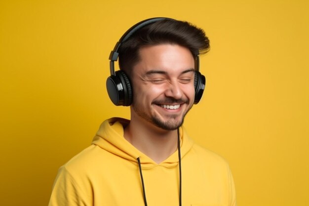 Портрет молодого человека, слушающего музыку в наушниках на сплошном фоне