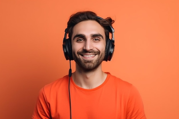 Portrait of a young man listening to music with headphones on a solid background