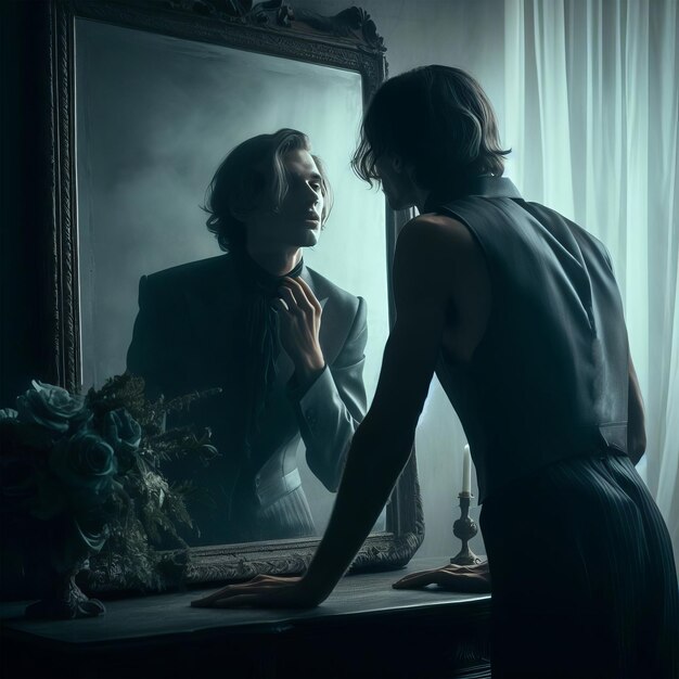 Portrait of a young man looking at his reflection in a mirror