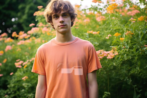 Photo portrait of a young man in an orange tshirt on a background of flowers