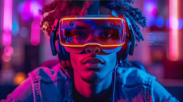 Portrait of young man playing video games with VR headset