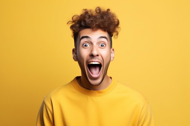 Portrait of a young man screaming isolated over yellow background