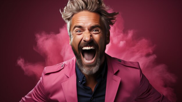 Photo portrait of a young man shouting on a pink background facial expression