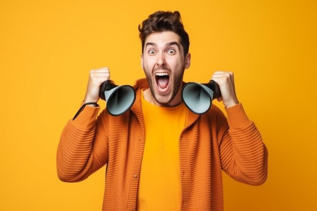 Photo portrait of a young man shouting through megaphone isolated over yellow background