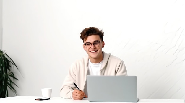 Portrait of young man sitting at his desk in the office