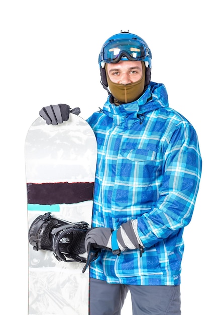 Portrait of young man in sportswear with snowboard isolated on a white background.