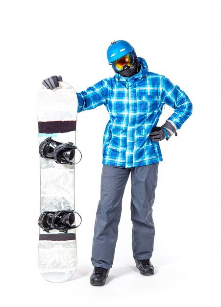 Portrait of young man in sportswear with snowboard isolated on white