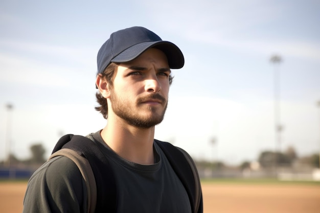 Photo portrait of a young man standing on a baseball field created with generative ai