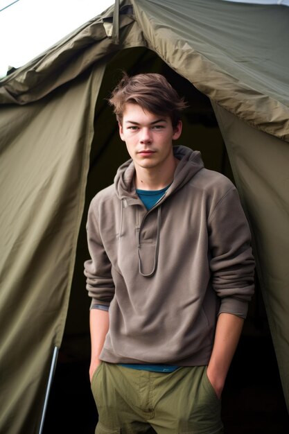 Portrait of a young man standing in front of his tent