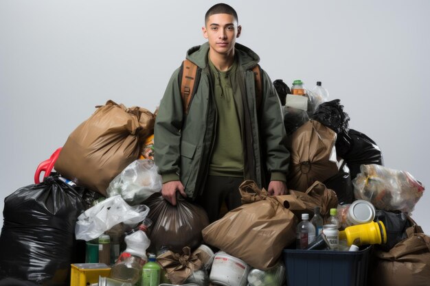 Portrait of a young man standing in a pile of garbage