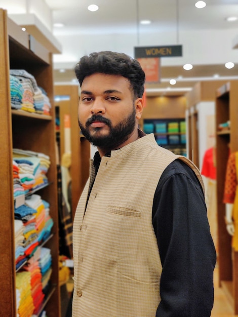 portrait of young man standing in store