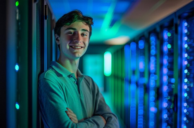 Portrait of young man standing with arms crossed against server room in data center