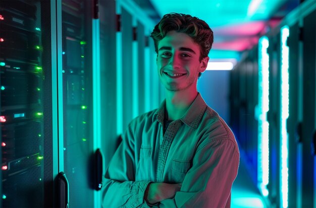 Portrait of young man standing with arms crossed against server room in data center