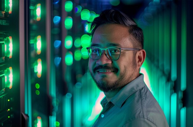 Portrait of young man standing with arms crossed against server room in data center