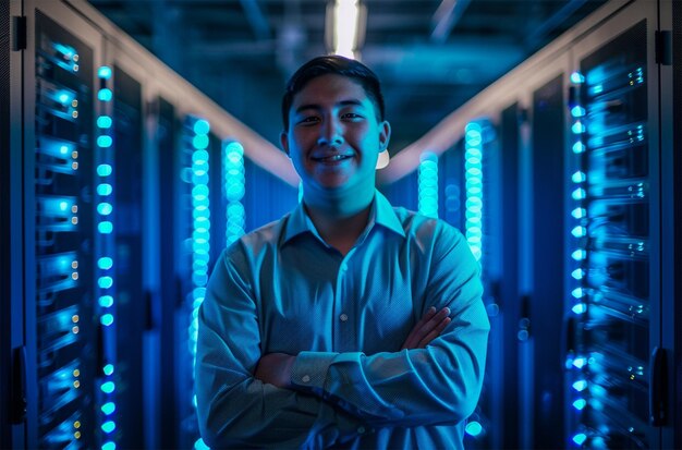 Portrait of young man standing with arms crossed against server room in data center