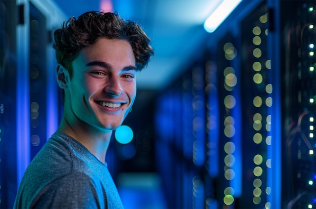 Портрет молодого человека, стоящего с перекрестными руками у серверной комнаты в центре обработки данных