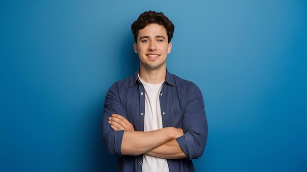 Portrait of a young man standing with crossed arms against blue