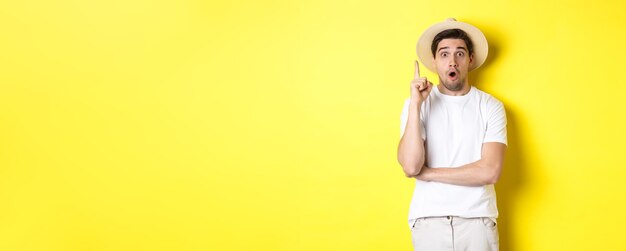 Photo portrait of young man in straw hat having an idea raising finger eureka sign making suggestion        person