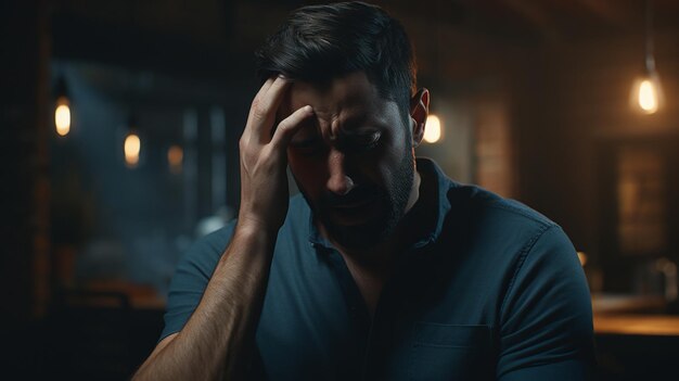 Photo portrait of young man suffering from headache in the kitchen at home