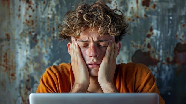 Portrait of a young man suffering from a headache while using a laptop