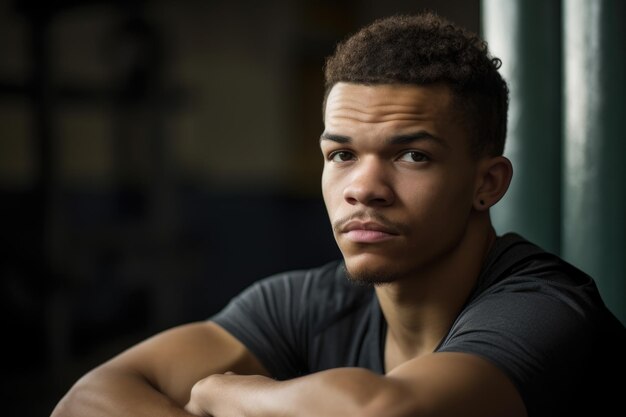 Photo portrait of a young man taking a break from his workout