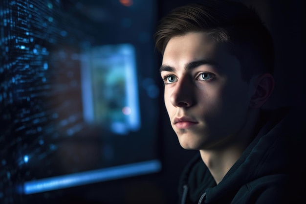 Photo portrait of a young man using a computer with an overlay on his screen