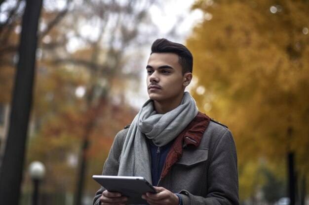 Portrait of a young man using a digital tablet outdoors created with generative ai