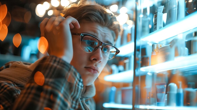 Portrait of a young man wearing glasses Choose products in the store