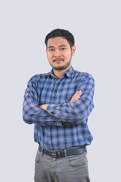 Portrait of young man wearing long sleeve striped shirts with arms crossed