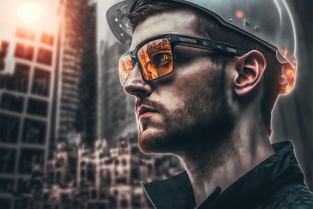 Portrait of young man wearing sunglasses mirror wondrous reflection of city