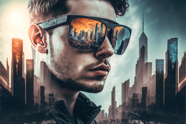 Portrait of young man wearing sunglasses mirror wondrous reflection of city